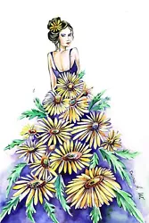 Buy Lady In Yellow Sunflower Dress, Original Watercolour Painting By Diana A. W. • 59.99£