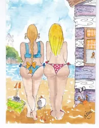 Buy ACEO Original Watercolor Painting Beach Hut Seagull Crab Seaside Bucket • 6.99£
