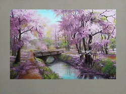 Buy Large Blossoming Sakura Park With Bridge, Cherry Tree Colorful Pink Blossom ART • 576.23£