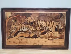 Buy Vintage Marquetry Inlaid Wooden Wall Art Pair Of Tiger In Jungle • 1,228.49£