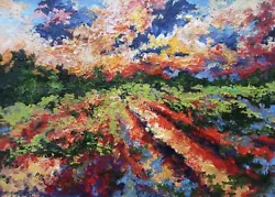 Buy Original Art Landscape Impressionism Oil Painting Sunset Clouds Evening Field • 252£