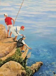Buy 20th C Oil On Canvas. Youths Fishing From Rocks. Cornish Art. Signed • 58.80£