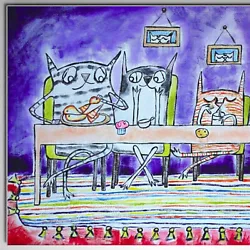 Buy Original Cat Painting Family Dinner Table Calico Signed Art By Samantha McLean • 528.30£