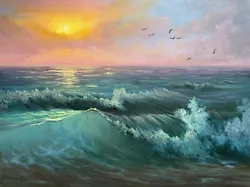 Buy Tropical Waves Sunset Original Oil Painting 12x16 Inches Handmade Art . Gift • 123.20£