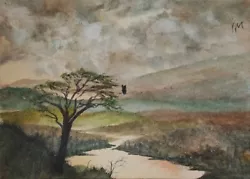 Buy ACEO Original Painting Landscape Owl Mountains Tree Rocks Hills Lake Watercolour • 6£