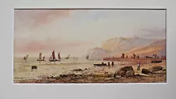 Buy E. Lewis Signed Antique Watercolour, Cornish Cliff, Coastal Scene Boats, Marine • 55£
