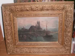 Buy Antique Oil Painting Fishing Boat Landscape Lake 54 X 42 X 6.5 Cm In Gold Wooden Frame • 84.79£