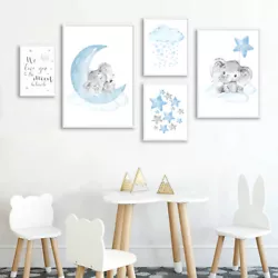 Buy Blue Elephant Moon Nursery Quotes Art Painting Animal Canvas Kid Bedroom Decor • 3.72£
