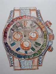 Buy Original Watercolour Painting Of A Rolex Rainbow Daytona Chronograph Watch • 19.99£