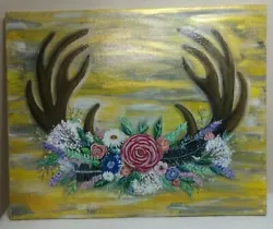 Buy Original Art By Unknown Artist Oil Painting Laquered Hearth Antlers Flowers • 37.32£