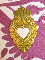 Buy Small Mexican Gold Colour Tin Heart Milagro Mirror Handcut & Painted Folk Art #1 • 11£