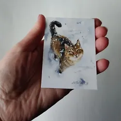 Buy Original, Not A Print, ACEO Watercolour Miniature. Winter & Cat  . Collectable • 9.50£