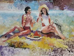 Buy ANDRE DLUHOS Beach Seaside Summer Figure People Picnic Original Art Oil Painting • 366.21£