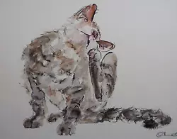 Buy Original Watercolour Painting Of A Tabby Cat Scratching • 29.99£