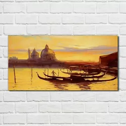 Buy Glass Print 100x50 Painting City Ancient Boat Port Sunset Wall Art Home Decor  • 89.99£