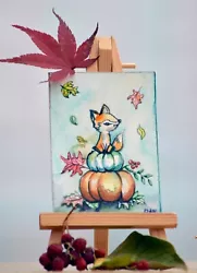 Buy ACEO Original Miniature Watercolour Painting, Art Card, Cute Fox On The Pumpkin • 10.99£