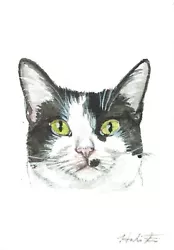 Buy ACEO Original Watercolor Painting 2.5 X3.5  Black & White Kitty Cat Pet Portrait • 20.67£