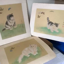 Buy 3xVintage Original Hand Painting On Silk Cats + Butterflies Nature Signed • 15£