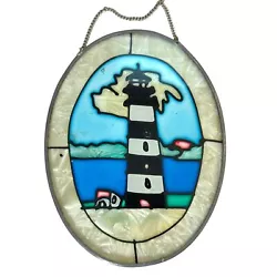Buy Vintage Hand Painted Stained Glass Black White Lighthouse Window Hanging  • 14.84£