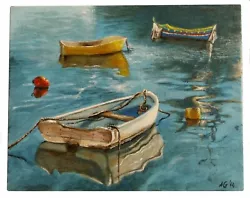 Buy Original Small Acrylic Painting Of  Boats On Bay With Calm Water • 30£