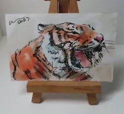 Buy ACEO Art Card Tiger Roar Original Watercolour Painting With Ink Animal Cat • 5£