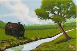 Buy Hut By The Stream Acrylic Painting On Canvas In The Style Of Bob Ross NEW • 30£