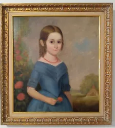 Buy Antique 19th C Young Girl Portrait In Blue Dress Red Flower Oil Painting Framed • 942.50£