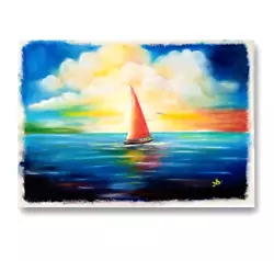 Buy Red Sailboat Painting Seascape Original Oil Pastel Painting On Canvas 8x11,5in • 41.34£
