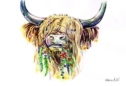 Buy Highland Cow In Spring Original Watercolour Painting 6, Original Art Not A Print • 79.99£