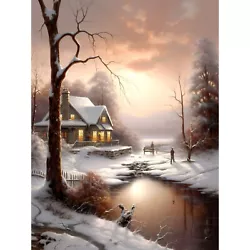 Buy Winter Cottage Landscape Oil Painting Snow Lake Sunset Trees Art Print 18X24  • 15.99£