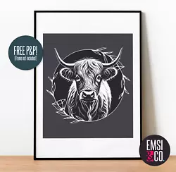 Buy Highland Cow Wall Art Print, Highland Cow Line Art Floral Picture, Scottish Gift • 3.99£
