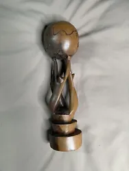 Buy African Wood Hand Carved Sculpture 3 Figures Holding Globe • 27£