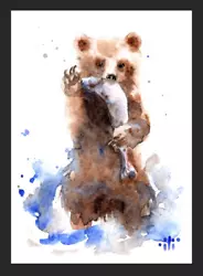 Buy ACEO Watercolor Painting Print Grizzly Bear Catching Salmon Fish Fine Art By Ili • 3.50£