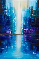 Buy City Oil Painting On Canvas,blue City Wall Art,modern Cityscape Painting • 150£