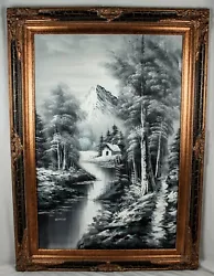 Buy Black & White Winter Mountainscape River Cabin Oil Painting Size 43.5 L X 31.5 W • 15,749.89£