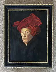Buy Vintage Painting Jan Van Eyck Portrait Of A Man Red Turban Signed “Davina 1965” • 95£