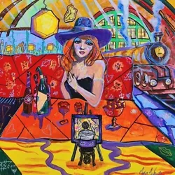 Buy Original Mario Mendoza Oil Canvas Wine Girl Train Cubist Painting Abstract Art • 1,250£