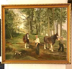 Buy Framed Oil Painting Two Work Horses & Handlers 'Logging' By A.E. Brocklehurst • 30£