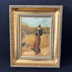 Buy Oil Painting Small Gold Gilt Frame Lady Dogs Walking 29x35cm T3603 • 10£
