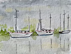 Buy Original Watercolour ACEO Of Moored Boats. Pen And Wash Boats Moored On River. • 3£