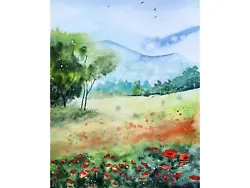 Buy Red Poppies Watercolor Utah Original Art Poppy Field Landscape Wildflowers Art • 43.50£