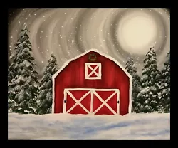 Buy Original Acrylic Painting On Stretched Canvas Christmas Red Barn Winter Forest  • 15£