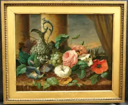 Buy C1850 STILL LIFE Of FRUIT FLOWERS WINE JUG & GLASS At DUSK ANTIQUE Oil Painting • 0.99£