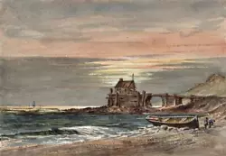 Buy FIGURES BOAT & PIER COASTLINE Victorian Watercolour Painting 19TH CENTURY • 80£