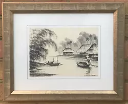 Buy Vintage Original Ink Drawing Painting Signed By Artist Asian River Boats 43cm • 12£