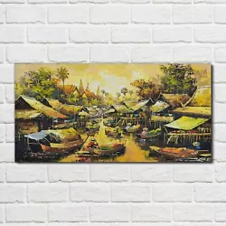Buy Glass Print 100x50 Painting River Boats Village Trees Sky Wall Art Home Decor  • 89.99£