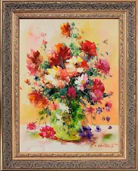 Buy Framed Canvas Oil Painting, Bouquet With Red Flower Green Vase, E Colton Signed • 227.34£