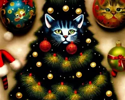 Buy Louis Wain Cute Pet Cat Christmas Tree Ornament Painting Canvas Fine Art Print • 11.84£