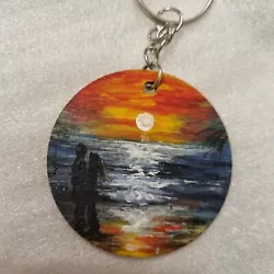Buy Handpainted Ocean On Round Wooden Keyring , Seascape Sunset 5 Cm Perfect Gift • 8.77£
