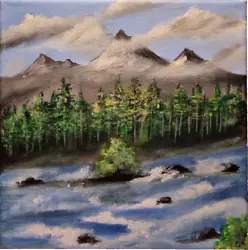 Buy Mountains Original Acrylic Painting With Flowing River On Canvas, 20 By 20 Cm • 18.77£